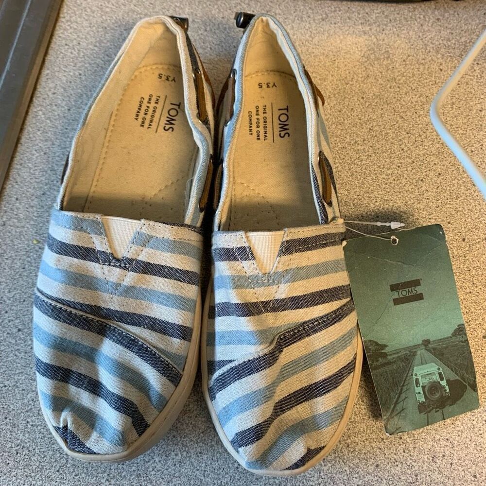 Toms Youth Bimini Size 3.5 Navy Woven Stripe Shoes *New*